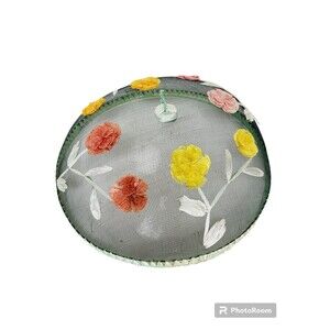 Vintage 60s Domed Embroidered Mesh Raffia Flowers Round Food Cover